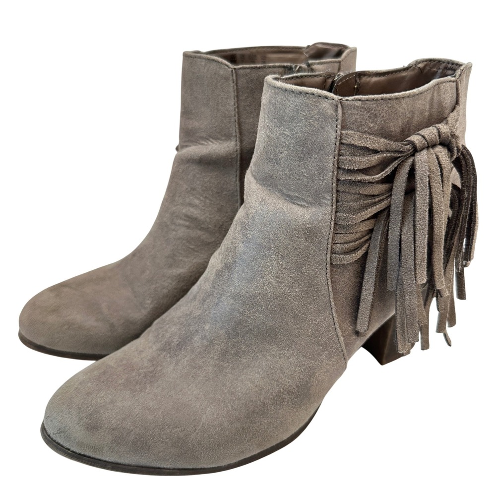 Clover Taupe Faux Suede Fringe Ankle Boots Stacked Block Heel Size 9M